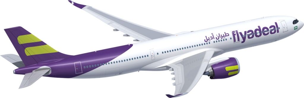Rendering of the A330s in the purple tail/engine/tex with yellow highlights flyadeal livery (image via flyadeal)