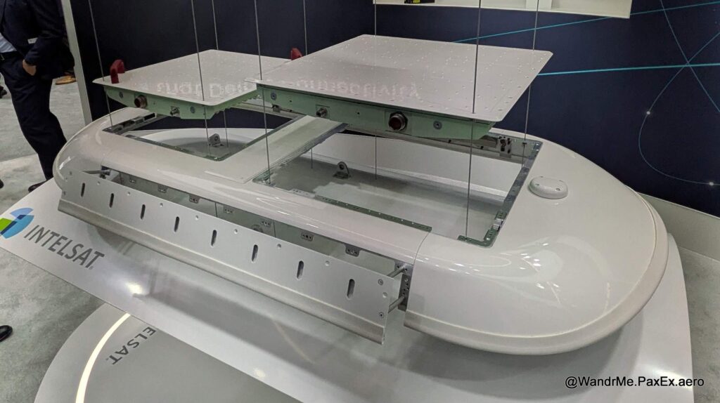 The exploded view version of the Intelsat/Sidewinder terminal was on display at AIX; the version that flies on Boeing planes is likely to be a bit different