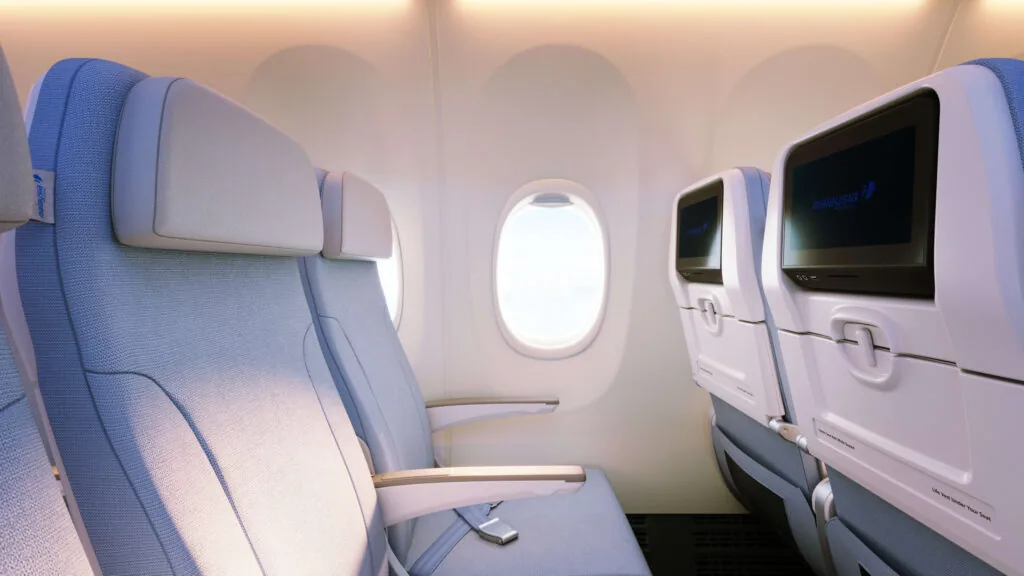 Rendering of economy class seats in a light blue with IFE screens installed.