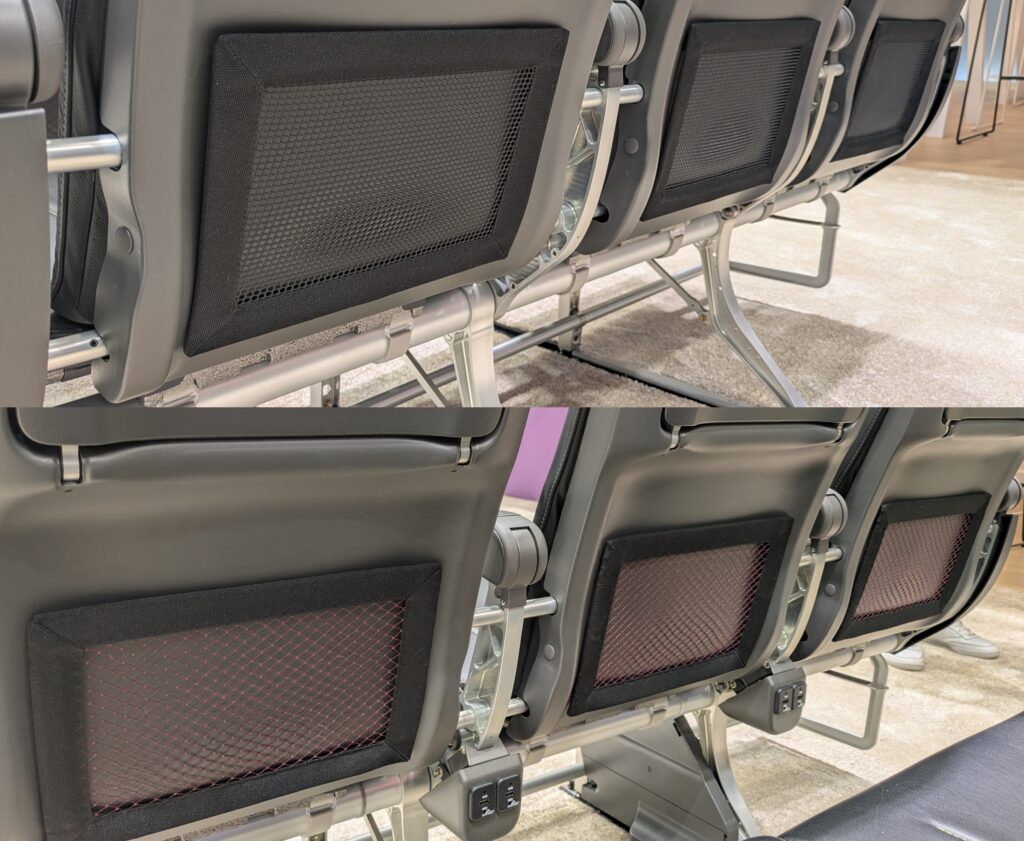Comparing two sets of seatbacks where the only visible difference in the mesh netting is the color.