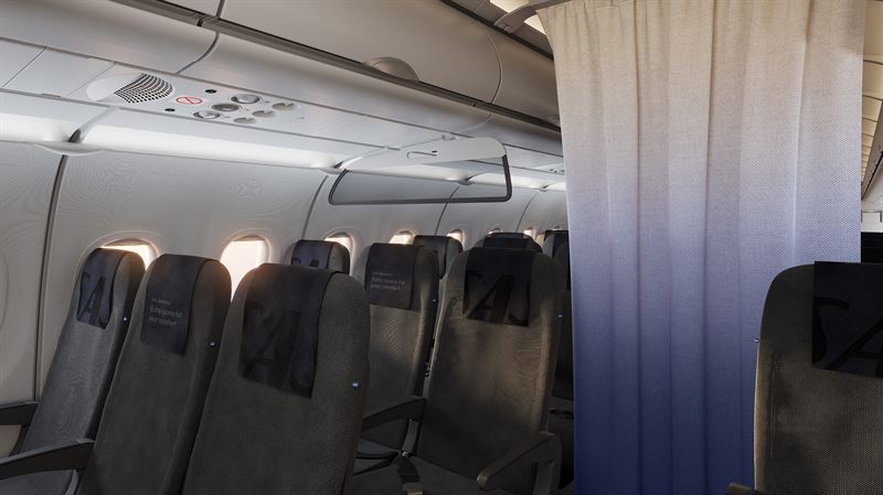 A curtain separating the business class cabin from the rest of the passengers