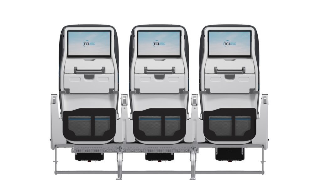 TCI's Cornea IFE screens rendered on the company's Epianka economy class seat (image via TCI)