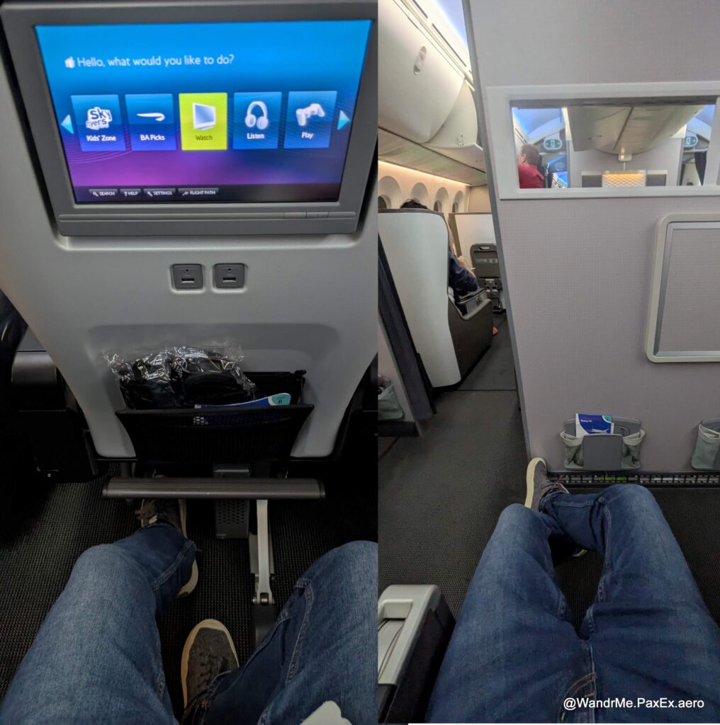 Side-by-side comparison featuring the same legs extended while sitting in a British Airways premium economy seat.