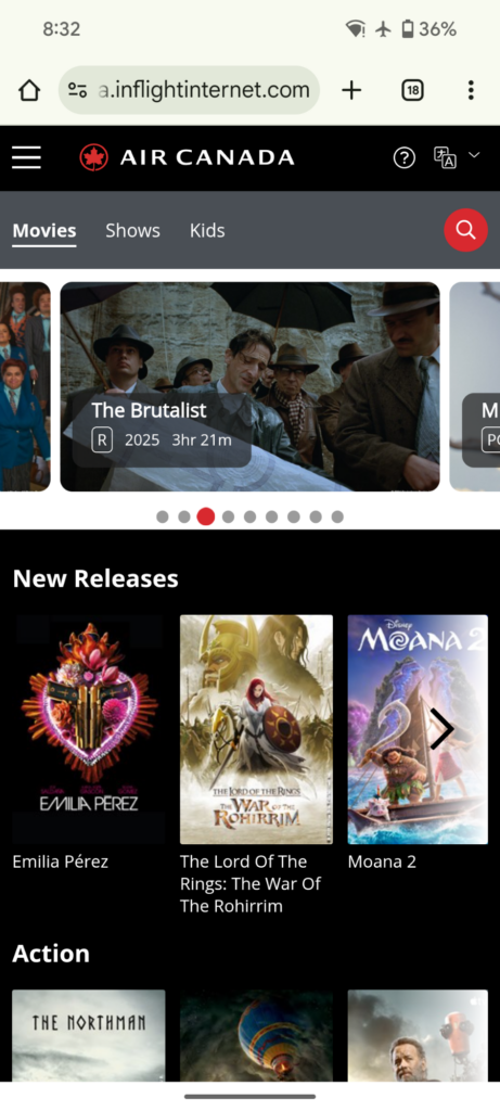 Collection of movies and other entertainment options on board