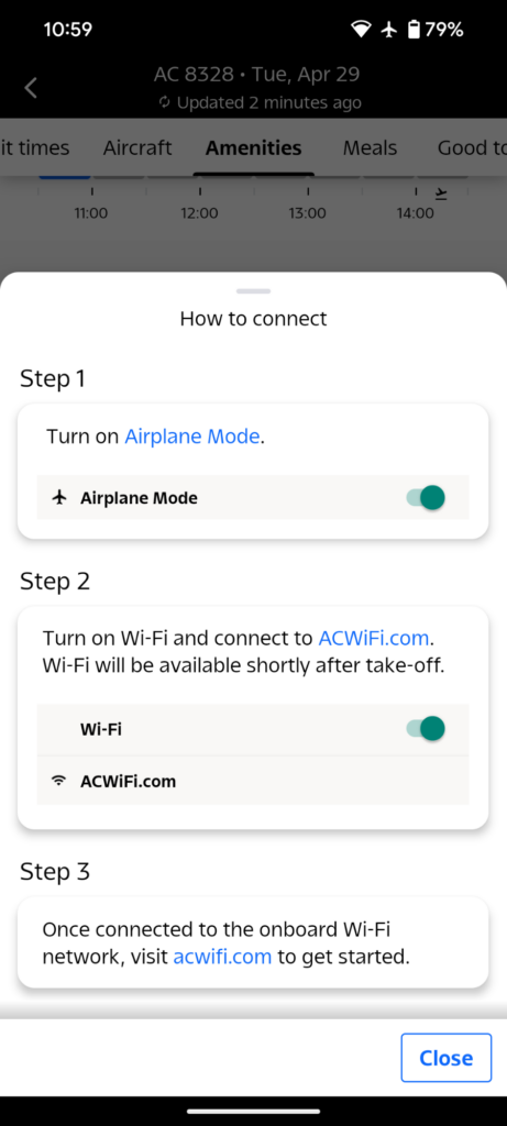 Useful guidance in the Air Canada app on how to connect to the inflight internet service on board, though if you're logged in to the app, could it happen automagically??