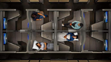 An overhead view of the new 787-9 business class cabin for ANA, featuring THE Room FX