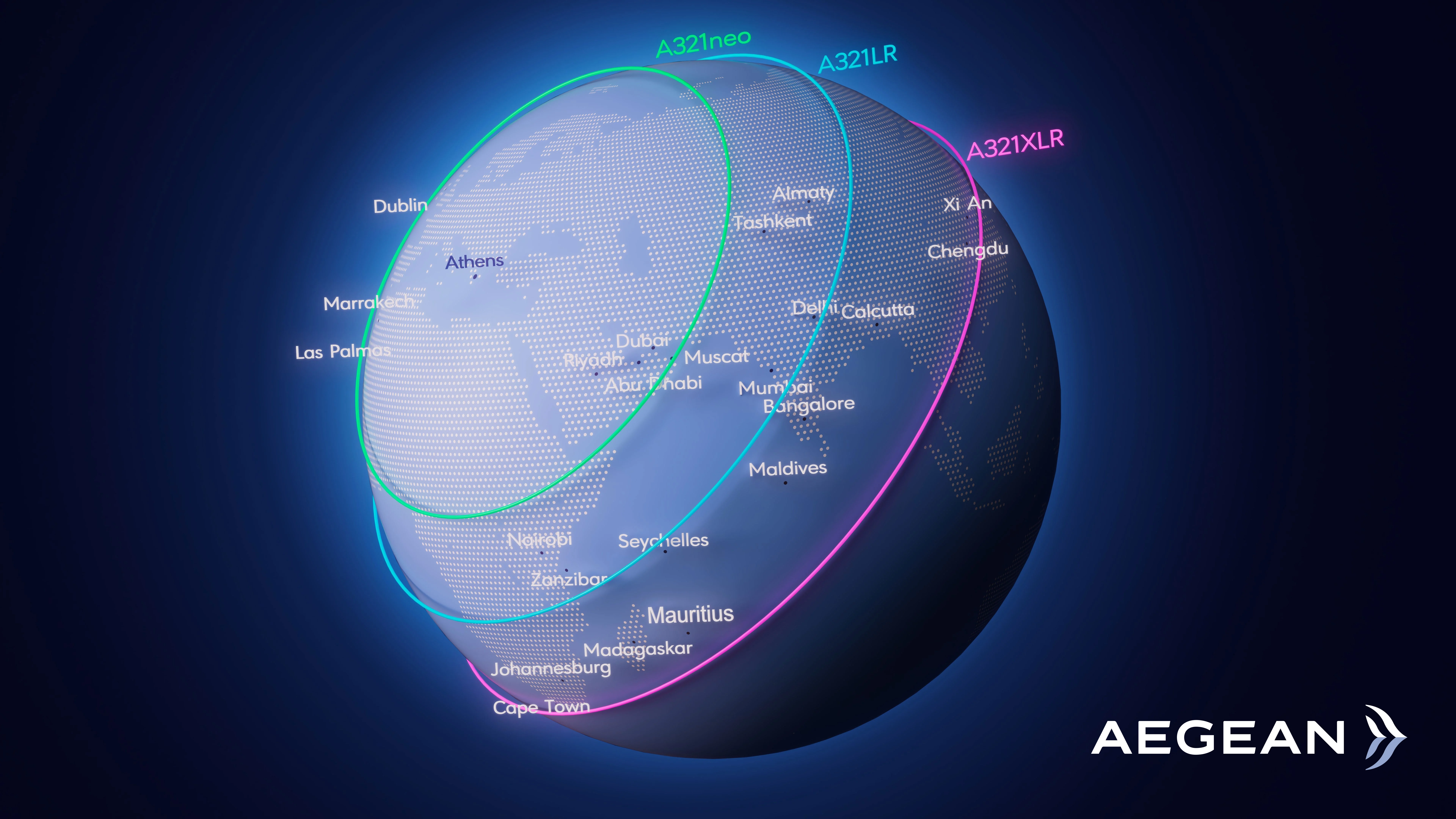 map showing range of flights from Athens on a globe.