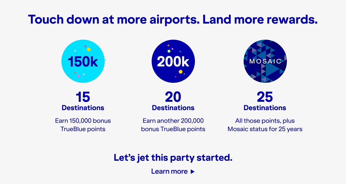 details of the 15, 20, and 25 destination milestones and associated rewards from JetBlue.