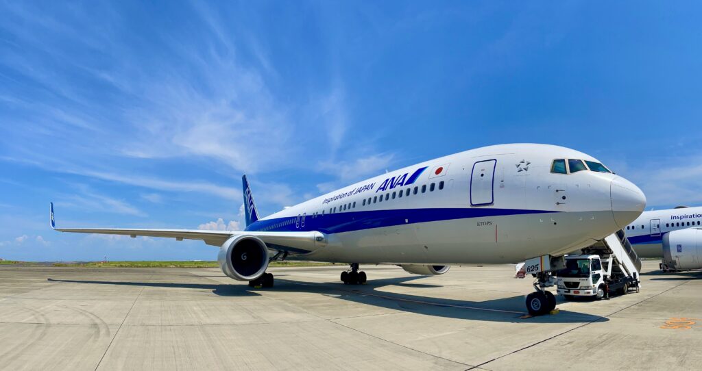 An ANA 767-300ER on the ramp with a radome installed for Wi-Fi service