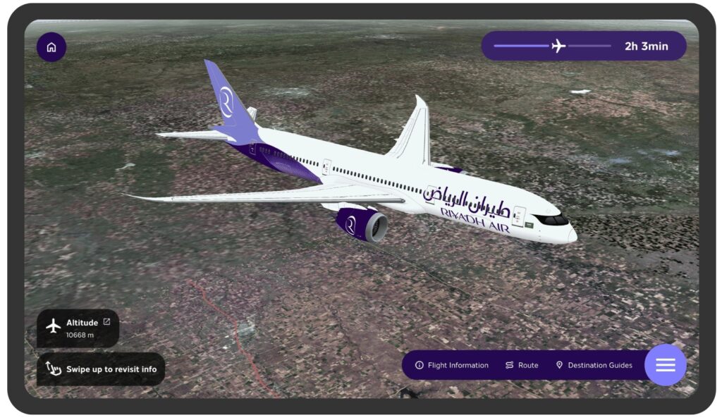 rendering of a Riyadh Air 787 flying in a FlightPath3D inflight map