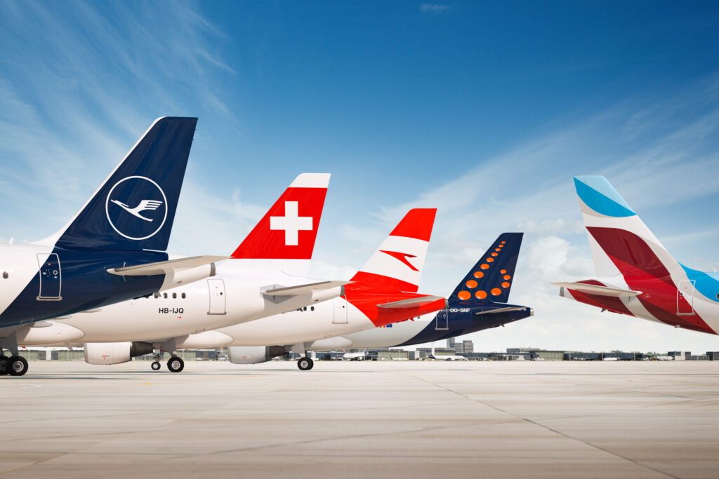 Airplane tails grouped together for Lufthansa, Swiss, Austrian, Brussels, and Eurowings