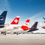 Airplane tails grouped together for Lufthansa, Swiss, Austrian, Brussels, and Eurowings