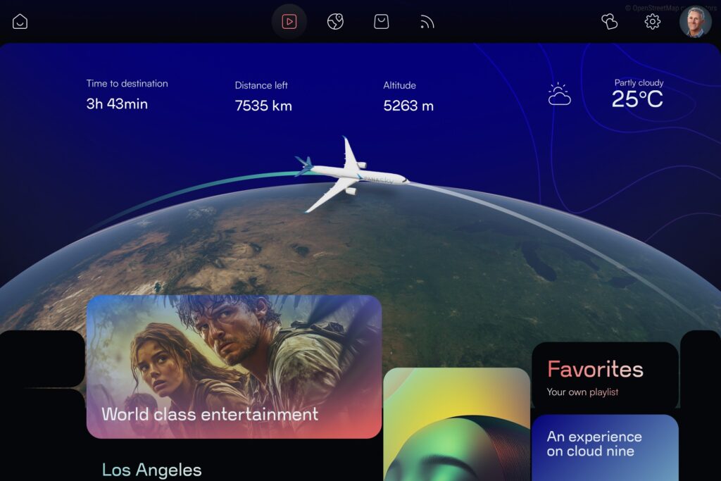Moving map display integrated into the IFE home screen rather than as a standalone app