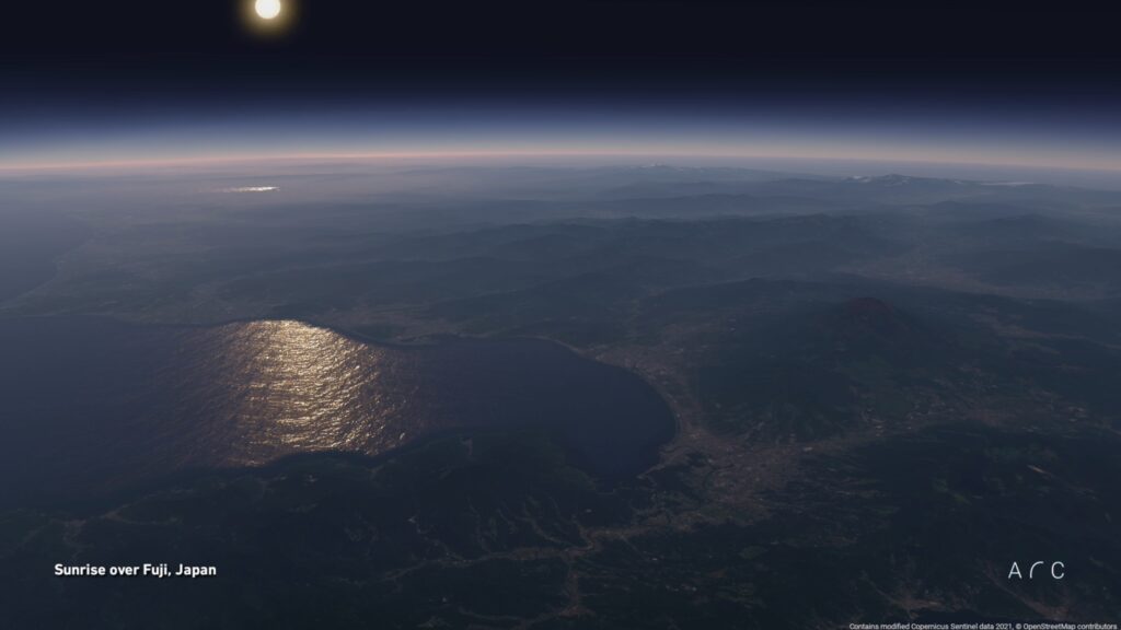 Rendering of flying over Mt Fuji, Japan.