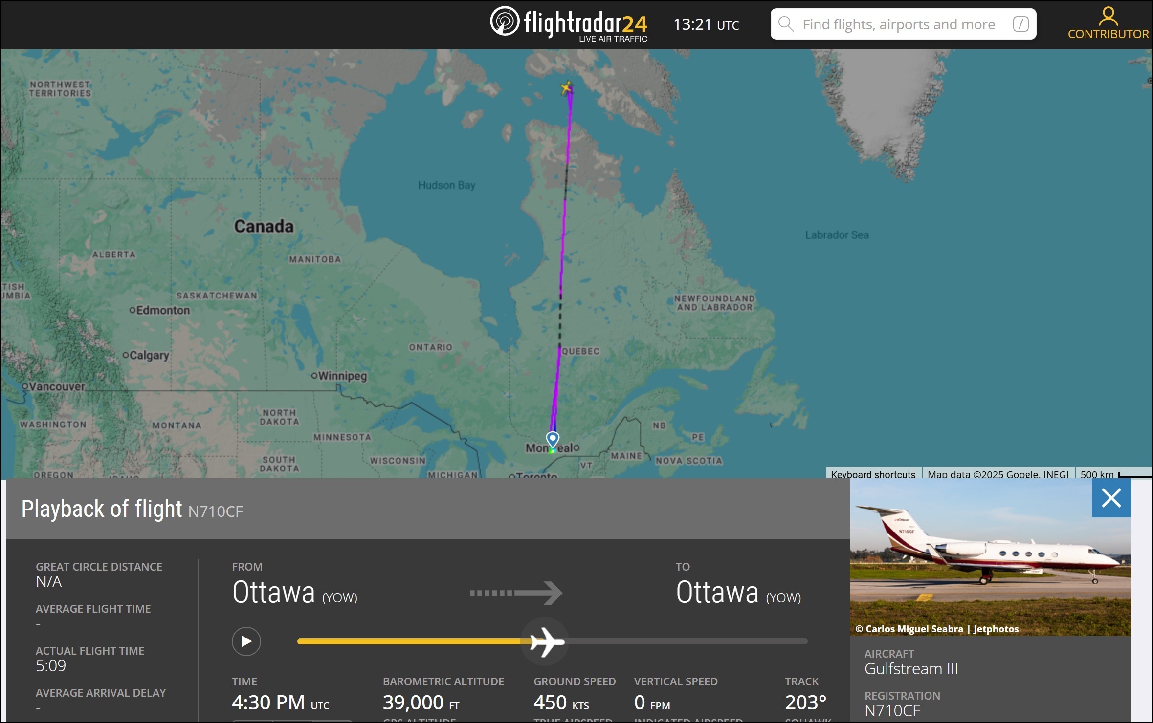 viasat-gx10-test path of the test flight due north from Ottawa