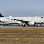 Saudia A320 HZ-ASC with satellite connectivity radome on top.