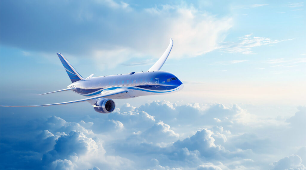 rendering of a mostly blue 787 flying above the clouds