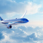 rendering of a mostly blue 787 flying above the clouds
