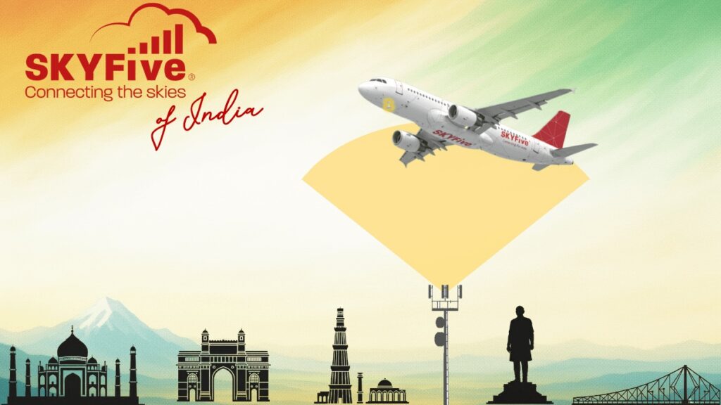 Illustration of a plane flying over famous landmarks of India plus a cell tower, with signal reaching up from the tower to the plane
