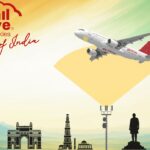 Illustration of a plane flying over famous landmarks of India plus a cell tower, with signal reaching up from the tower to the plane