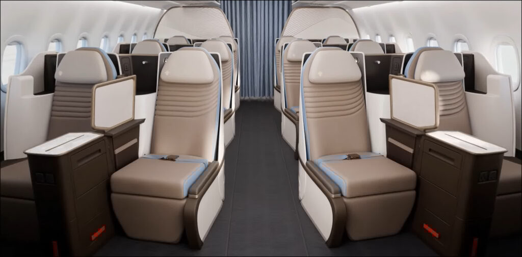 2-2 layout of beige business class seats in an airplane cabin
