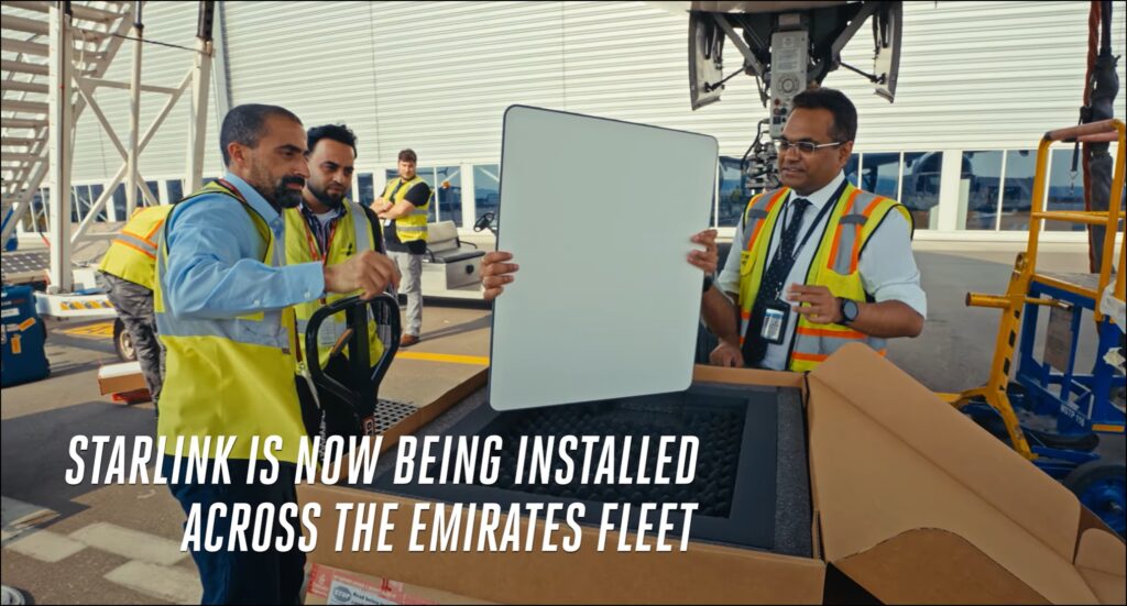guys pulling the Starlink antenna out of the box under an Emirates 777
