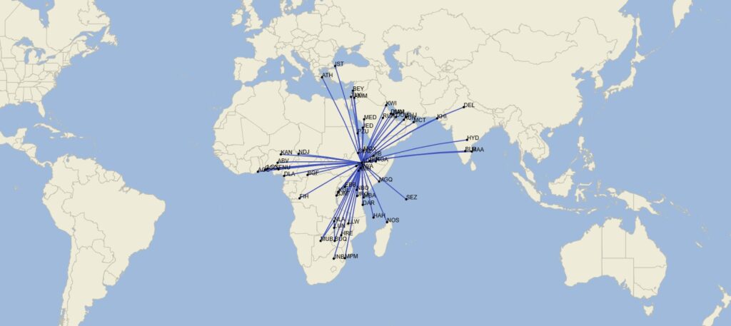 Map of many flight paths from Addis Ababa