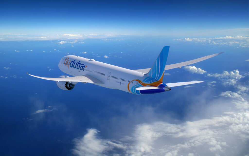 rendering of a flydubai 787 flying away 