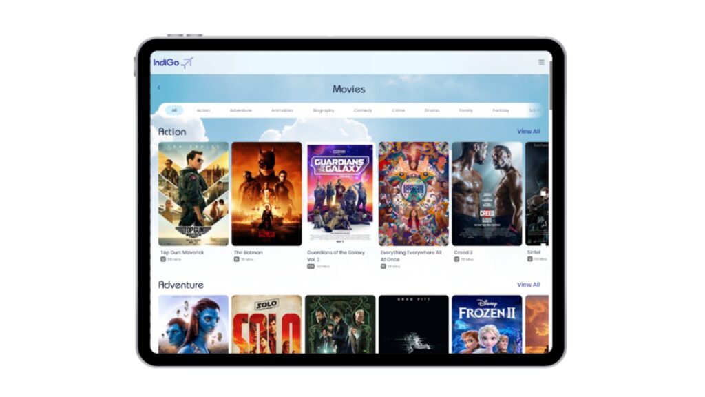 movie selections on a tablet for wireless IFE from Bluebox on IndiGo