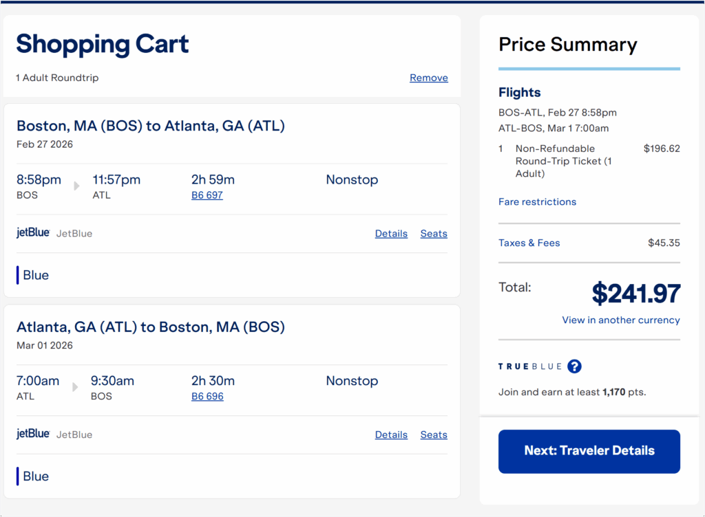 fare details for bos-atl