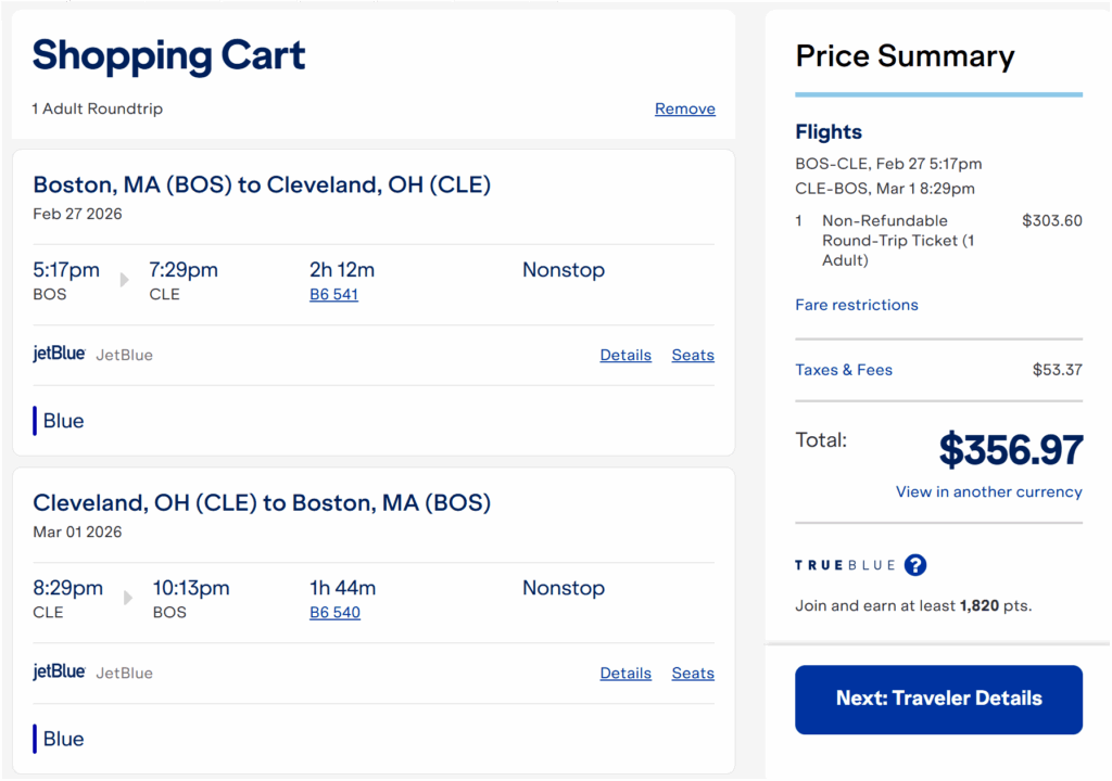 fare details bos-cle round trip