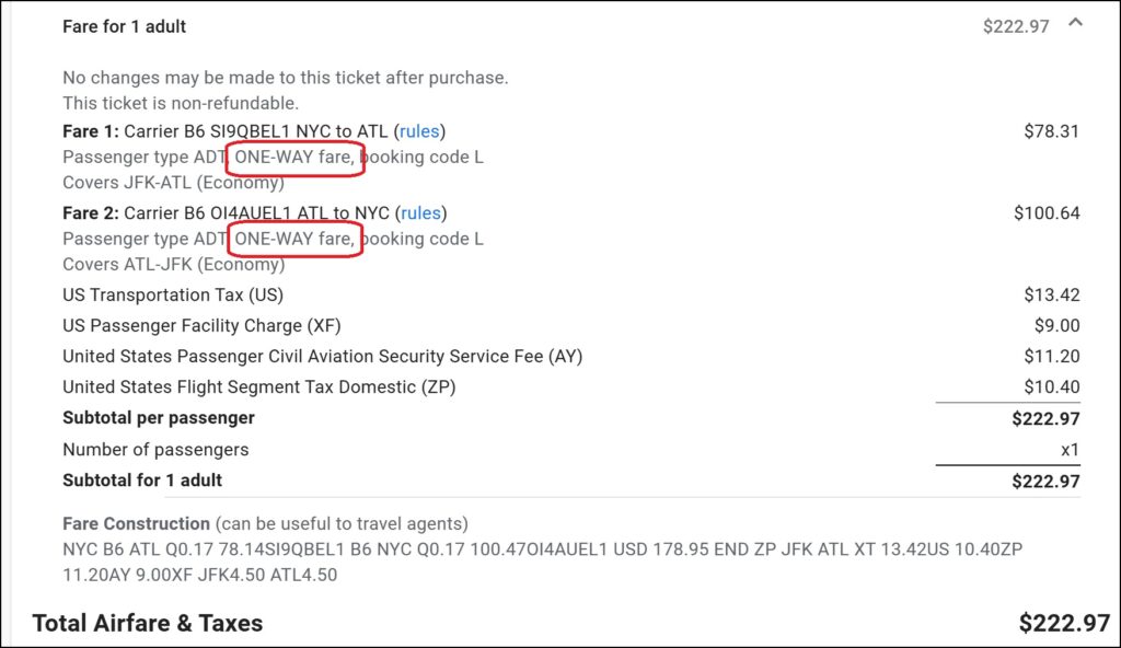 fare details jetblue JFK-ATL