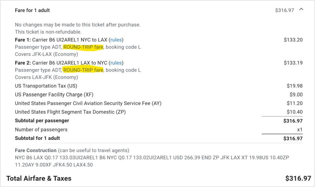 fare construction details JFK-LAX