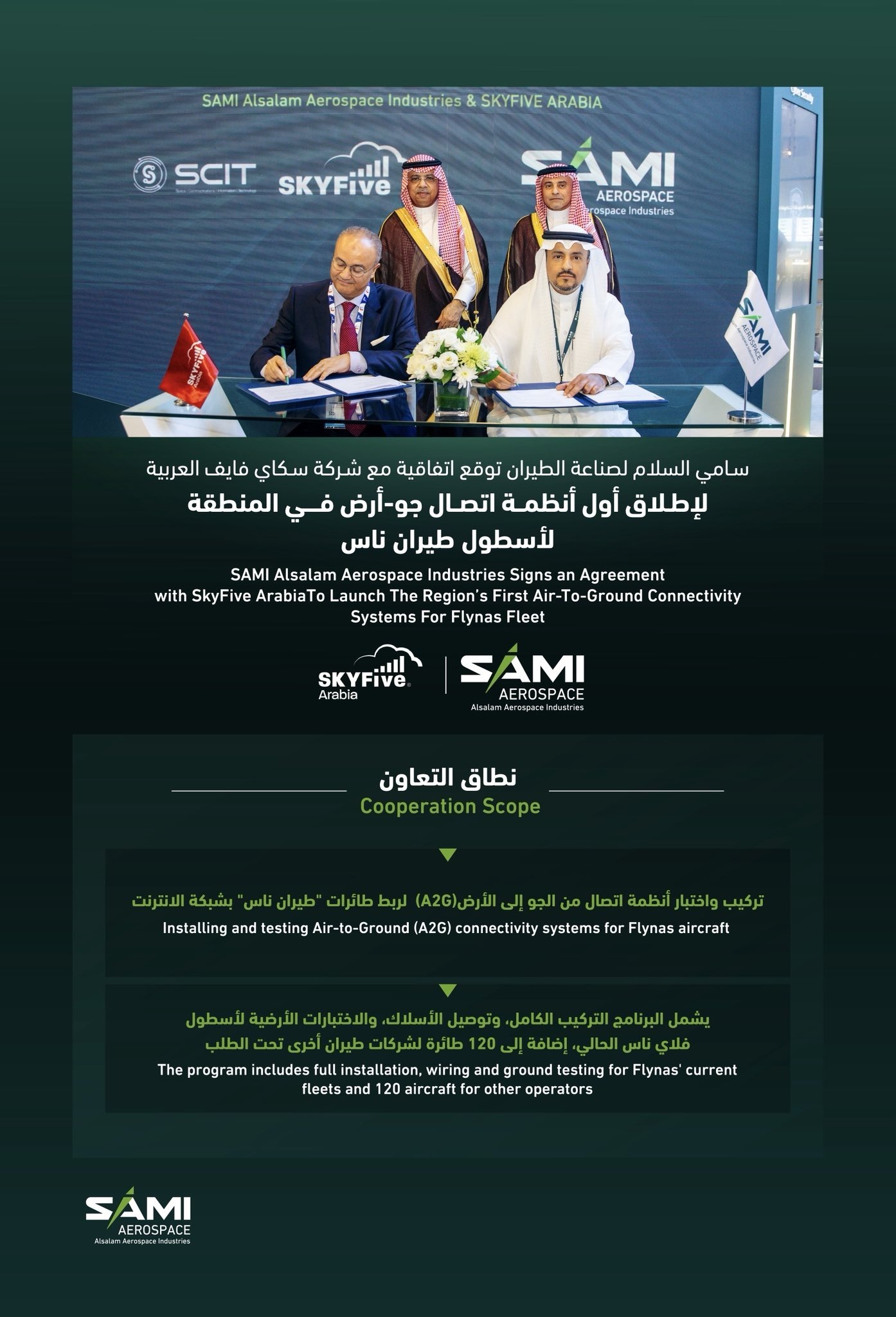 sami-skyfive-flynas Promo image from SAMI Aerospace Alsalam Aerospace Industries announcing the SkyFive partnership, including installation for flynas