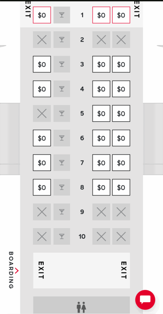 sample seat map with 10 rows in a 2-2 layout but one seat in each row is blocked
