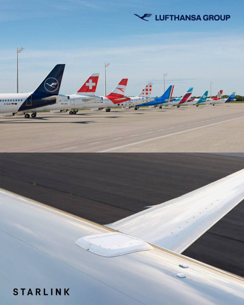 Starlink antenna in a weird rendering in front of all the Lufthansa Group tails lined up.