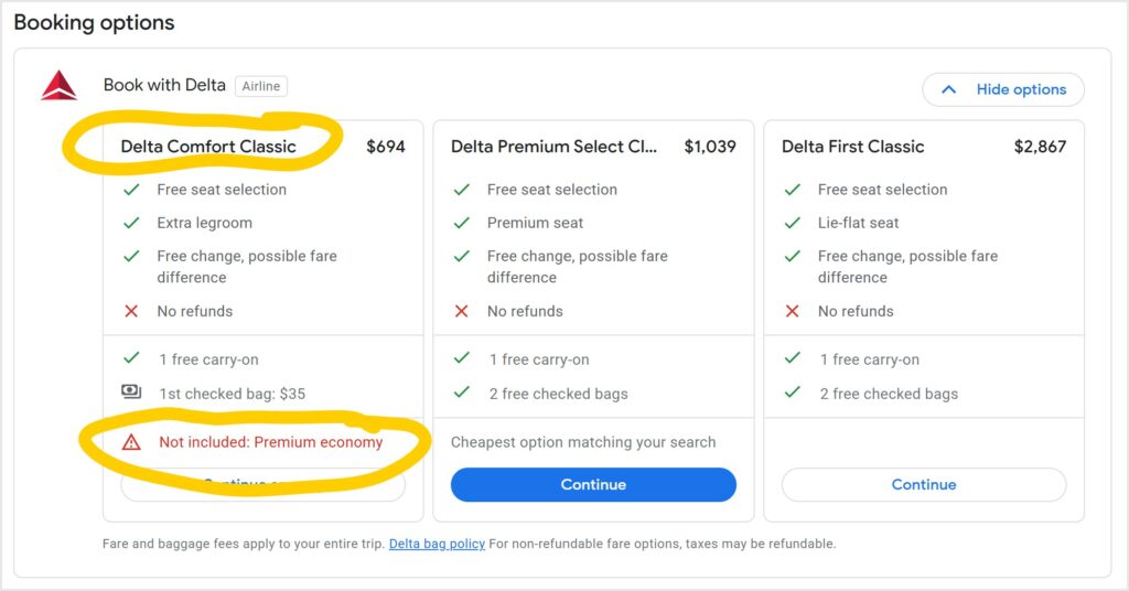 Screenshot of a Google Flights search result showing Delta's Comfort Classic cabin not as premium economy