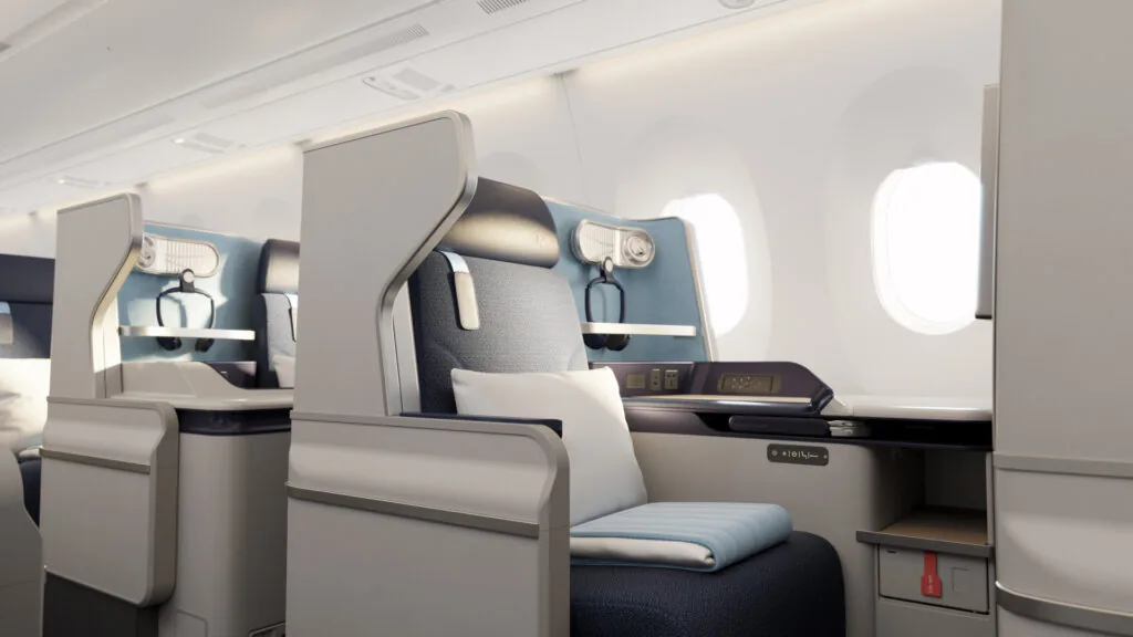 Business class seats on Edelweiss's new A350 offer a flat bed in a staggered layout