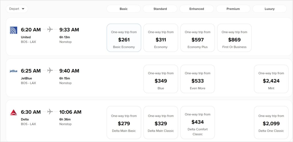 Grid of fares and product types labeled Basic, Standard, Enhanced, Premium, and Luxury.