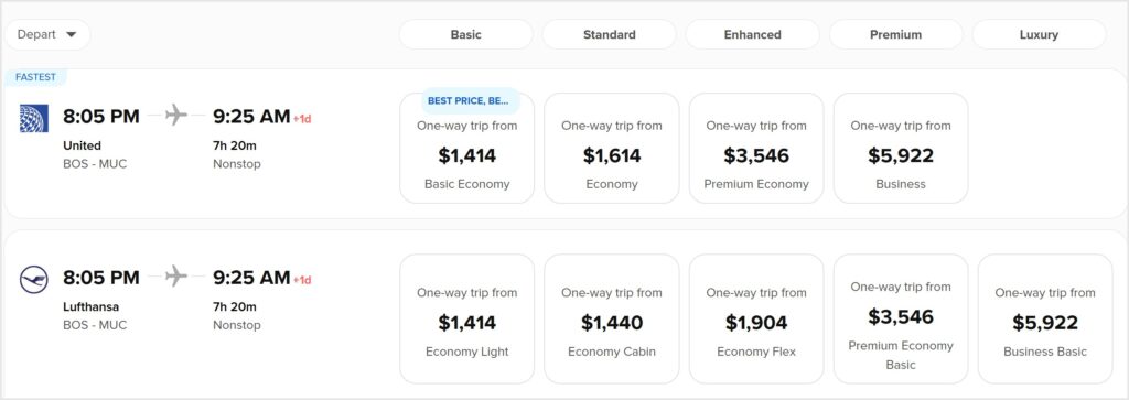 Grid of fares and product types labeled Basic, Standard, Enhanced, Premium, and Luxury. The same seat on a codeshare flight might be classified in a different category for no apparent reason.