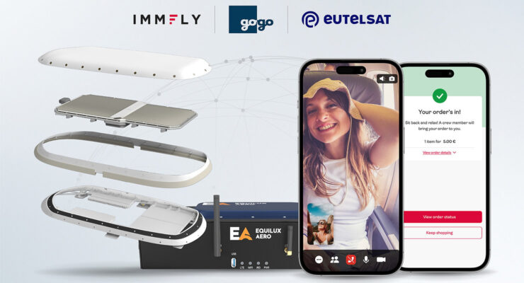 exploded view of an antenna, plus an on-board server and a smartphone showing the service in action