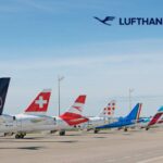 line up of airplane tails featuring all the airlines of Lufthansa Group