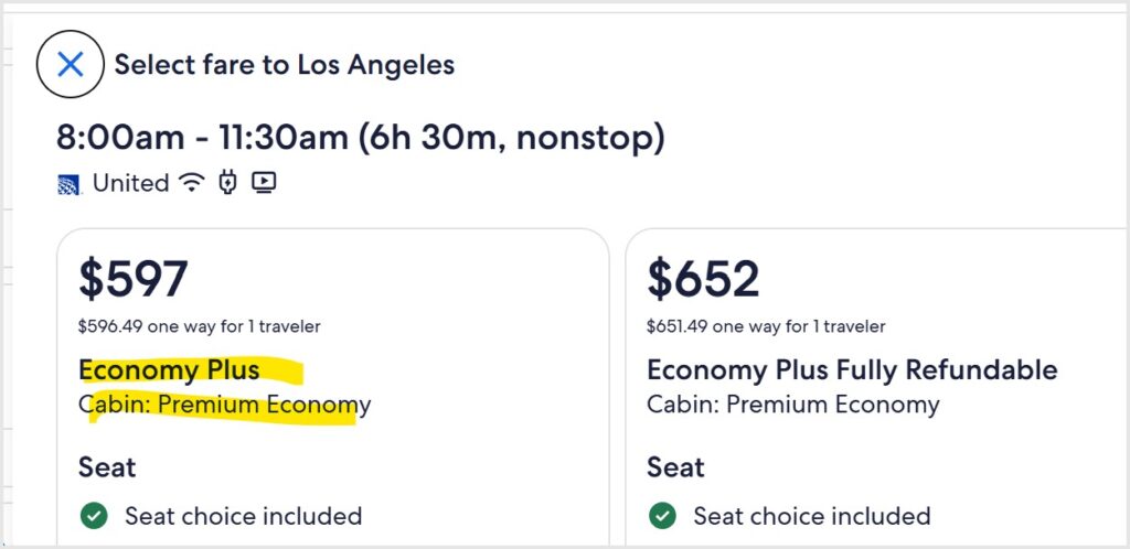 An OTA selling United's Economy Plus cabin as Premium Economy