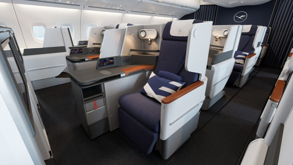 New Lufthansa A380 business class cabin with a simple seat in a 1-2-1 layout.