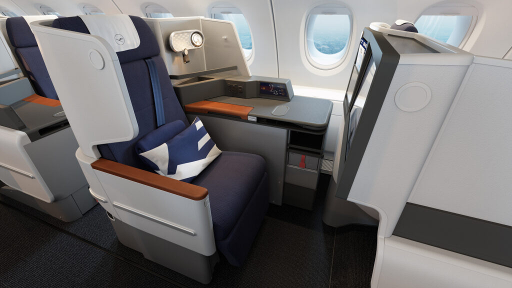 New Lufthansa A380 business class cabin with a simple seat in a 1-2-1 layout.
