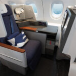 New Lufthansa A380 business class cabin with a simple seat in a 1-2-1 layout.