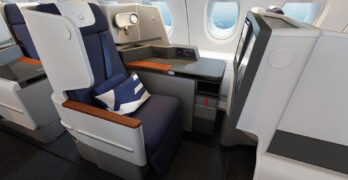 New Lufthansa A380 business class cabin with a simple seat in a 1-2-1 layout.