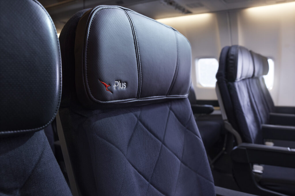 Dark blue airplane seats with a red kangaroo embroidered in and the word Plus next to it. 