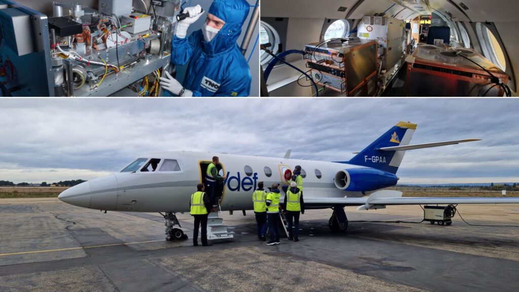 collage of photos showing the test plane inside and out, including a lot of equipment to control and power the laser