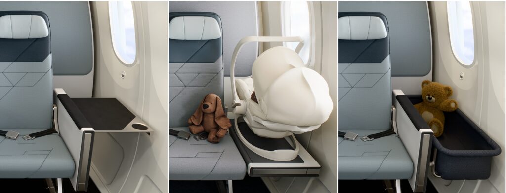 Trio of use cases for the SkyNook seating layout, including a bassinet, a car seat, and a workspace.